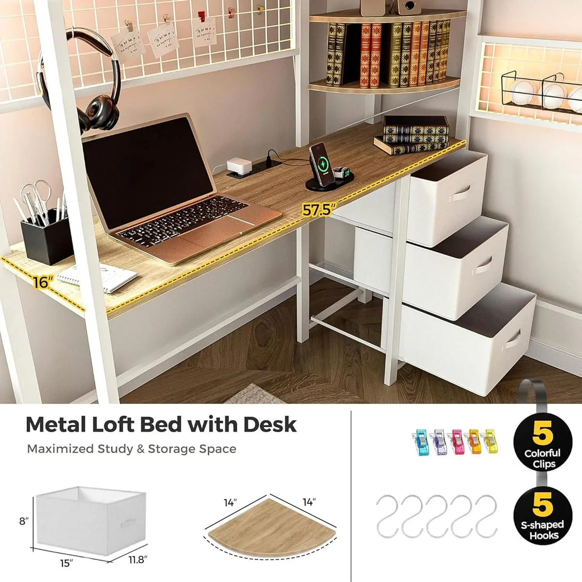 Full-Size Loft Bed with Desk, Wardrobe & LED Lights