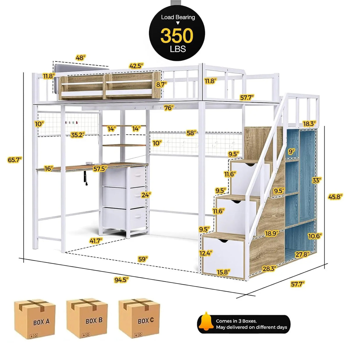 Full-Size Loft Bed with Desk, Wardrobe & LED Lights