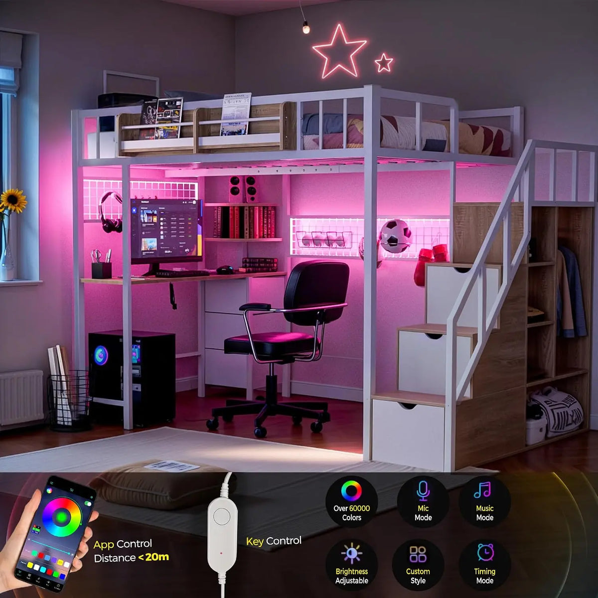 Full-Size Loft Bed with Desk, Wardrobe & LED Lights
