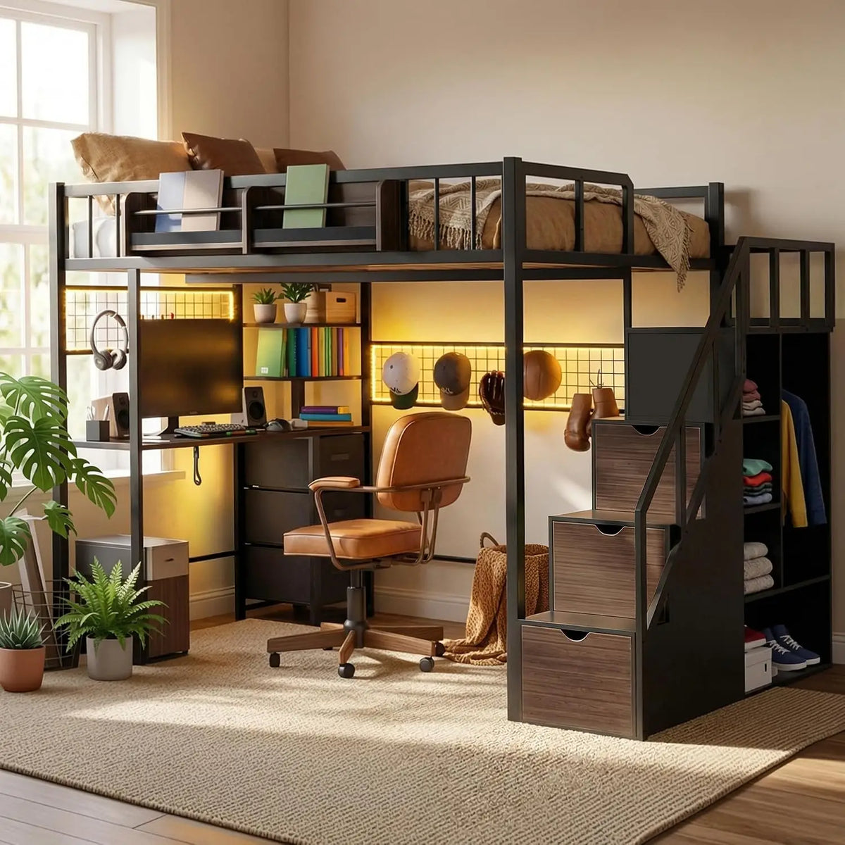 Full-Size Loft Bed with Desk, Wardrobe & LED Lights