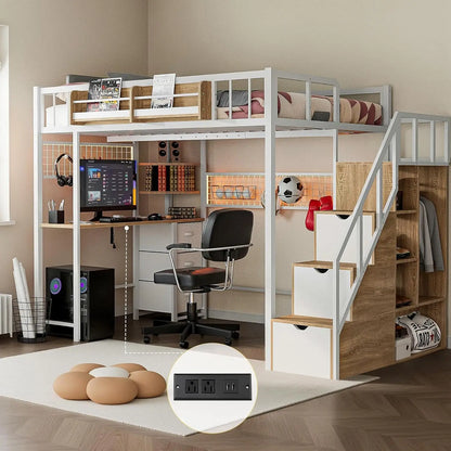 Full-Size Loft Bed with Desk, Wardrobe & LED Lights