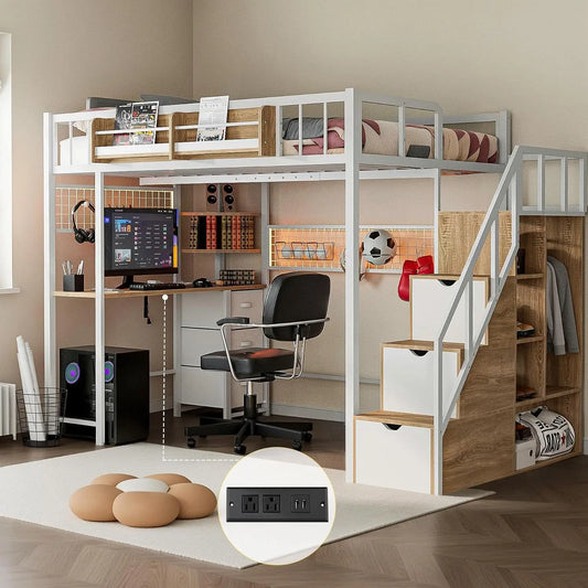 Full-Size Loft Bed with Desk, Wardrobe & LED Lights
