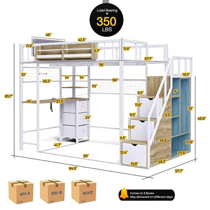 Full-Size Loft Bed with Desk, Wardrobe & LED Lights