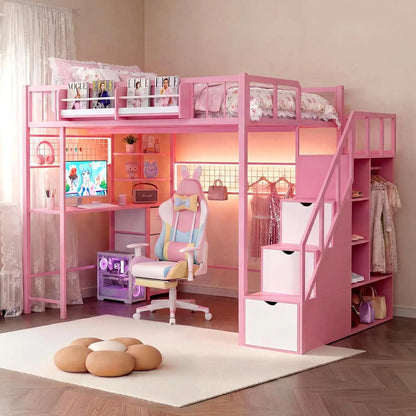 Full-Size Loft Bed with Desk, Wardrobe & LED Lights